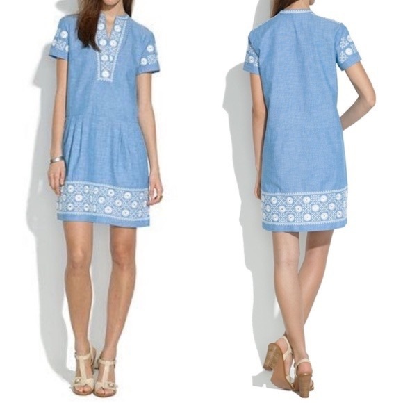MADEWELL Blue Chambray Sunstitch Embroidered Short Sleeve Tunic Dress small - Picture 1 of 12